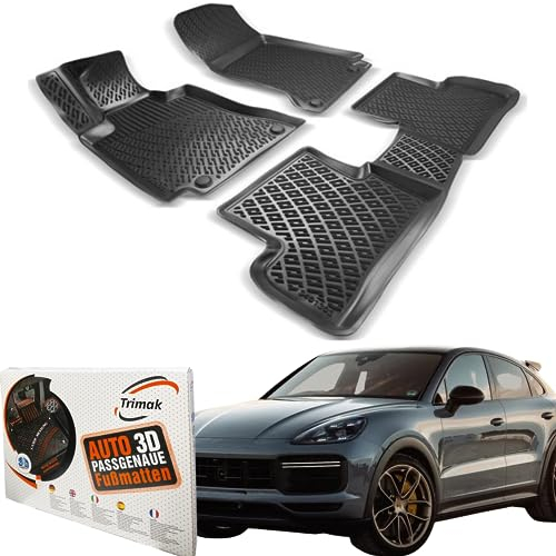 Trimak Passgenau 3D Fussmatten Auto Kompatibel mit Porsche Cayenne 3 Gen 2017-2023 Auto Zubehör 1. Und 2. Reihe Gummimatten Autos TPE Allwetter Geruchlos rutschfest Vorne und Hinten Schwartz