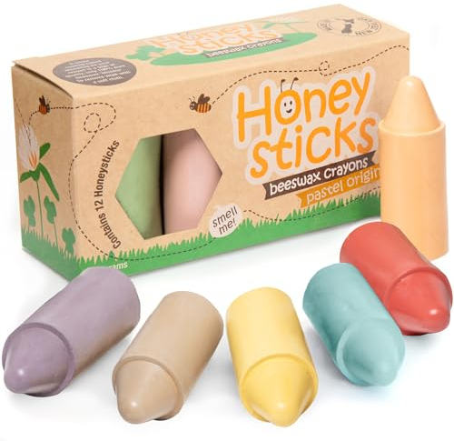 Honeysticks Wachsmalstifte Ab 1 Jahr (12er-Pack) - Pastellfarbene, Ungiftige Babymalstifte aus Natürlichem Bienenwachs, Umweltschonende Buntstifte, Leicht Greifbare Wachsmalstifte für Kleinkinder