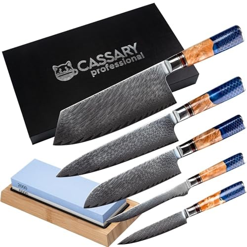 Set de cuchillos de cocina profesional de acero de Damasco (incluye piedra afilar cuchillos). Set de cuchillos japoneses y afilador de cuchillos profesional ideal para todo tipo de cocineros (Set 5)