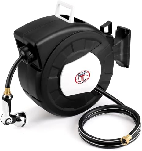 Hozereel einziehbare Gartenschlauchtrommel, 30,5 m, 1,27 cm Hybrid-Gummischlauch, Wasserschlauchtrommeln, automatische Rückspulaufbewahrung, Düse mit 10 Mustern im Lieferumfang enthalten (1,27 cm