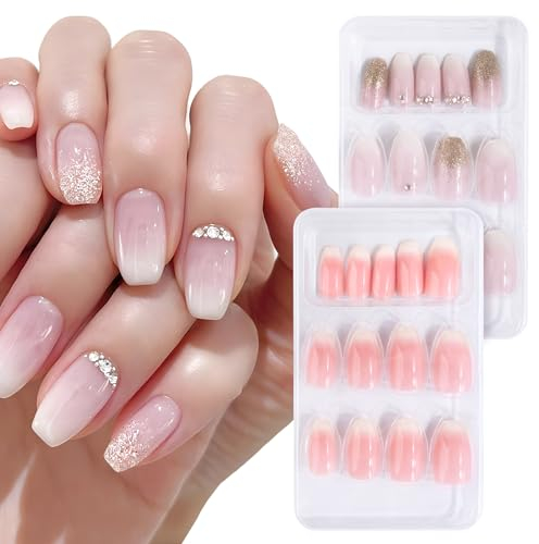 BETESSIN 48pz Unghie Finte Rosa Adesive Unghie Artificiali Rosa a Punta Glitter per Donna Ragazze Unghie Finte Rosa Decorazione Unghie Manicure Fai da Te