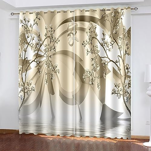 Skcess Blackout Curtain, Curtains for Bedroom Weiß Gelb Geometrischer Rahmen mit Blumen Vorhang Polyester Gardinen 2er Set 137x214cm(WxH)