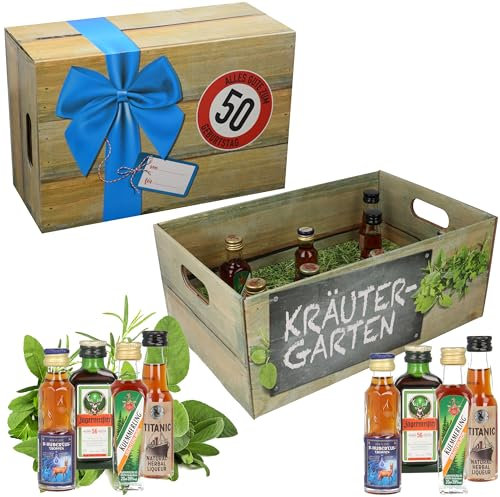 Kräutergarten mit Geburtstagszahl 50. Geburtstag · Witzige Geschenkidee für Männer und Frauen mit Alkohol · 8 x Kräuter-Likör · Hochwertige Geschenkbox · Geburtstagsgeschenk für Männer