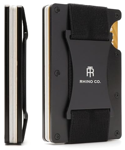 RHINO CO. Minimalist Metal Wallet RFID-Blocking Credit Card Holder with Cash Strap - Slim, Secure, Small and Stylish (Black)