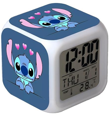 FAKKA Stitch Réveil numérique avec température Grande veilleuse LED Réveil Intelligent avec câble de Charge pour Filles, Réveil Numérique Coloré De LED, Enfants, Cadeau (Color : Color-3)