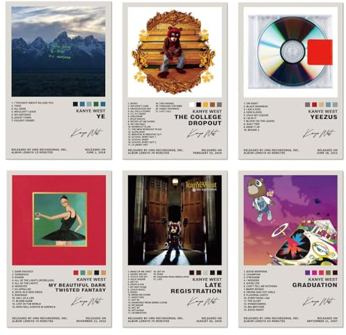 TUOCYERD Kanye West Poster, Set mit 6 Albumcover-Postern, Musikposter für Zimmer, ästhetisches Musikalbum, Wandkunst für Teenager, Raumdekoration, 20,3 x 30,5 cm, ungerahmt