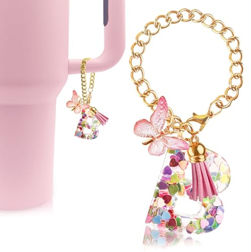 Velaco Letter Charm Accessories for Stanley Cup with Handle, Cute Initial Letter B Keychain Handle Charm with Butterfly for Stanley Tumbler for Women Girls
