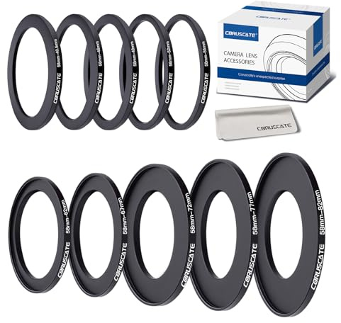 10 Stück 58mm Filterring Adapter-Set,Filter-Metall-Trittringe für alle Marken,UV ND CPL 58-40.5,58-46,58-49mm,58-52mm,58-55mm,58-62mm,58-67mm,58-72mm,58-77mm,58-82mm+Objektivreinigungstuch