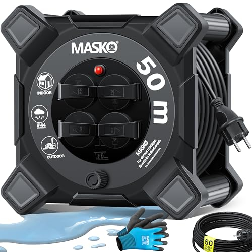 MASKO® Kabeltrommel 50m | Verlängerungskabel mit Schutzkontaktsteckdosen & Wickelgriff | Outdoor Kabelaufroller Thermoschutz | Gerätetrommel IP44 1000W ~ 3000W | inkl. Tragegriff und Montagehandschuhe