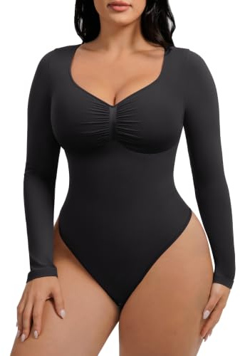 FeelinGirl Long Sleeve V Neck Seamless Bodysuit Tummy Control Body Shaper | Women's Shapewear Thong Leotard Compression Seamless Body Shaper Going Out Outfit