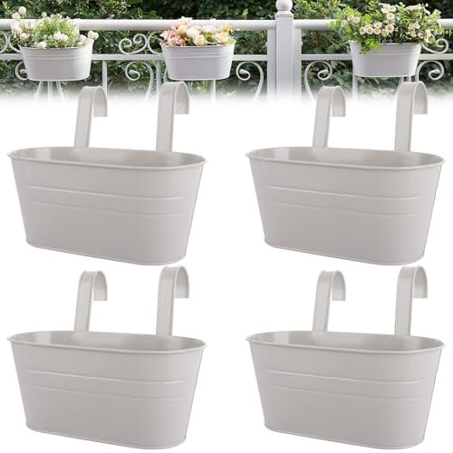 APACALI 4 Pack Metal Hanging Plant Pot, 27cm Balcony Planters for Railing, Over Fence Planters with Detachable Hooks, Hanging Flower Pots for Fence Balcony Garden Home Decor, Grey