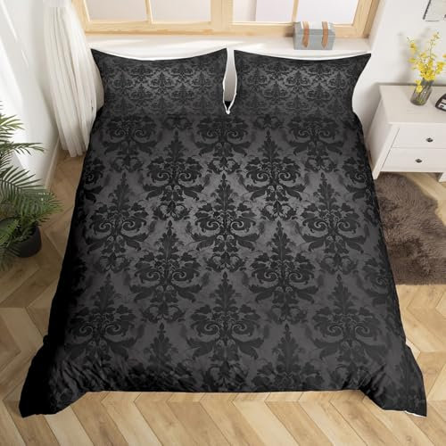 Homewish Gotische Bettwäsche Sets Erwachsene Schwarz Damast Bettbezug Set,Viktorianische Tröster Bezug 135x200 Vintage Barock Goth Bett Set Antik Schwarz Floral Böhmische Dekor,Grau Noir