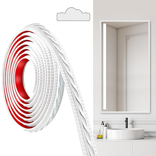 JUNART Moulures en PVC, 300cm×2cm, Autocollantes, Pour Plafonds, Moulures Murales Pour Bordures de Murs, Cadres de Miroirs, Plafonds, Plinthes, Armoires(Blanc Argenté)
