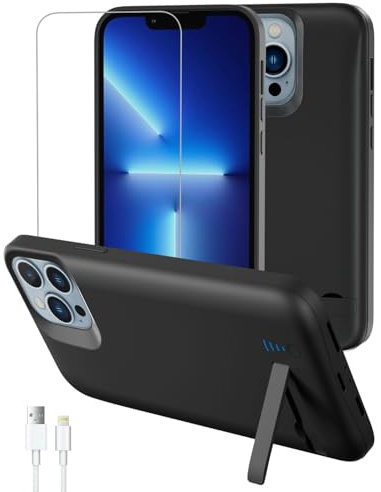 Gladgogo Charger Case for iPhone 14/13, 8500mAh Charging Case with Kickstand - Black