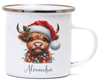 Personalised Christmas Highland Cow Enamel Mug – Custom Name Camping Cup with Festive Highland Cow Design – Ideal Christmas Gift for Friends and Family