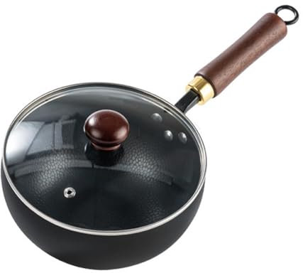 UGCER Mini sartén Wok de Acero al Carbono con Tapa, sartén Antiadherente para saltear, Textura martillada, Mango de Madera, sartén para cocinar para Cocina asiática,24cm/9.5in