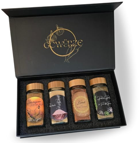 Gewürz Geschenkset | Edles Gewürzset mit 4 Sorten aus aller Welt | Rauchsalz aus Kanada | Baharat aus dem Nahen Osten | Panch Phoron aus Südasien | Hühnchengewürz in eigens entwickelter Rezeptur