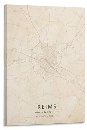 LZTEN Reims Frankreich-Karten-Poster, Vintage-Druck, Leinwand, Poster, Wandkunst, Schlafzimmer, Büro, Raumdekoration, Geschenkrahmen, 60 x 90 cm