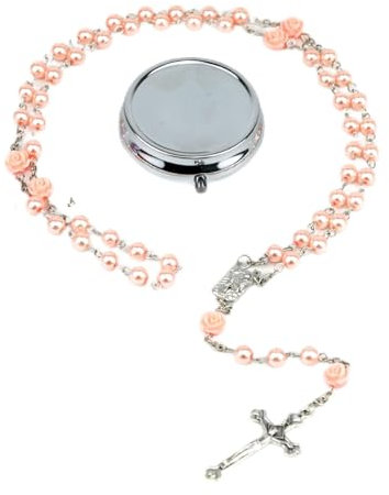 GlamRays Rosariene Pearls Catholic - Confirmation Gifts for Teenage Girls, Silver Simple Style Metal Gift Box, White Faux Pearl Rosary, Gifts for Women(Pink)