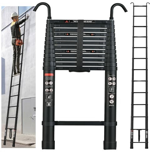 5M Aluminum Lightweight Extension Ladder with Automatic Locking,Non-Slip Feet,Load 150kg/330lb,Multi-Purpose Collapsible Ladder for Household and Outdoor Working(Black)