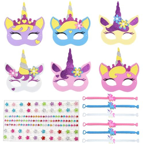 Saier tbo 13 Stück Einhornmasken Bastelset für Kinder, Kreative DIY Einhorn Kunsthandwerk mit Filz Masken Silikonarmband Strass Aufkleber für Geburtstag Mitgebsel Karneval Mottoparty Deko