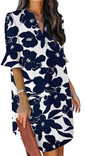 JOCAFIYE Frauen V-Ausschnitt Rüschen Hemdkleid Einfarbige Casual Sommer Kurzes Einfarbig Kleid Blau Weiß XXL
