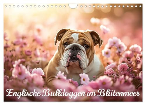 Englische Bulldoggen im Blütenmeer (Wandkalender 2026 DIN A4 quer), CALVENDO Monatskalender: Blumenfreuden mit Bulldoggen: Ein Kalender für Hundeliebhaber (CALVENDO Tiere)
