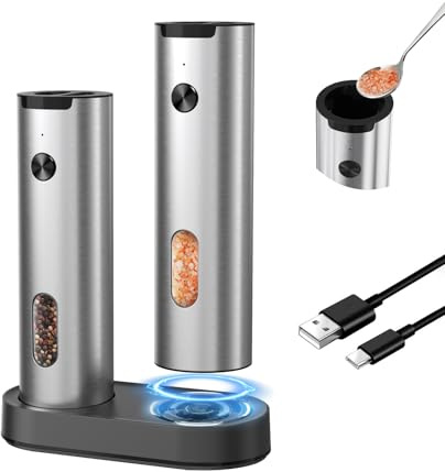 CIRCLE JOY Ensemble de Moulins à Sel et à Poivre Électriques, Ensemble de Moulins à Poivre Rechargeables en Acier Inoxydable avec Socle de Recharge, Réglage de la Finesse, Argent