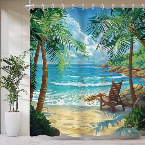 Newsely Rideau de douche océan 152,4 x 182,9 cm (l x L) - Plage tropicale - Palmier tropical hawaïen - Paysage nautique côtier - Vague de mer - Ensemble de salle de bain botanique imperméable