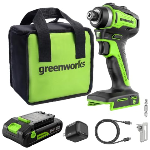 Greenworks 24V Brushless Cordless Impact Driver (1950 in-lbs.), 1/4 Hex Collet, 2.0Ah USB-C Battery, 30W USB-C Charger & 3.3FT Braided Cable, Compatible with iPhone/iPad/Samsung & More