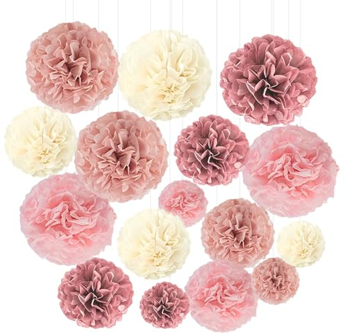 Pompons Deko,RoadLoo 16er Blush Rosa Hängende Papier Pom Poms Seidenpapier Pompons Papier Blume Hochzeit Deko Tischdeko Kommunion Babyparty für Pink Bachelorette Geburtstag Party Dekorationen