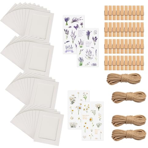 Prelisee 40 Pcs Fotorahmen aus Pappe 10x15cm Weiß Fotogirlande Papier zum Aufhängen DIY Kraftpapier Bilderrahmen mit 40 Clips,4 Hanfseil,4 Blume Aufkleber für Geburtstag Hochzeit Jubiläum Party Deko
