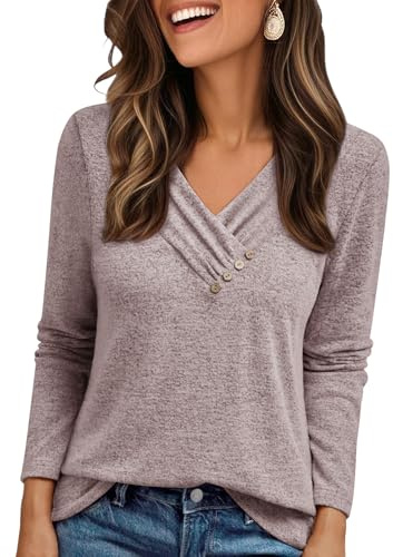Cuptacc Sweatshirt Women UK V Neck with Button Solid Color Elegant Comfy Jumper Easter Loose Warm Thin Layering Long Sleeve Tops Women Pink M