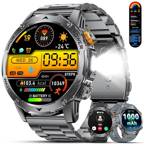LIGE Smartwatch Herren mit Taschenlampe, 1.75” HD Display/1000mAh Akku Sportuhr Herren mit Telefonfunktion, 100+ Sportmodi Fitnessuhr, 24/7 Herzfrequenz/Schlafmonitor/IP68 für Android iOS 3 Armbänders