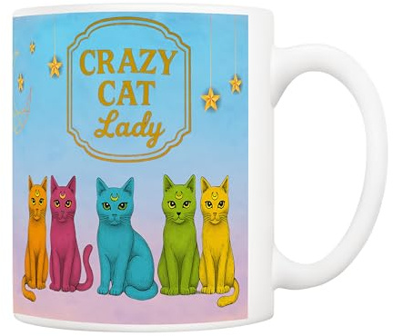 5Aup Crazy Cat Lady Mug Gifts 11oz – 5 Neon Cats & Starry Sky Ceramic Cup, Cat Mum Keepsake, Whimsical Coffee Tea Mug for Birthdays Any Day