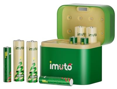 imuto Rechargeable Batteries 4 AA and 4 AAA Lithium with Hybrid Charger,1.5V Triple A & Double A (3amps) Battery, Long Lasting Li-ion battery with Ni-MH/Lithium hybrid Charger Box(Christmas Edition)