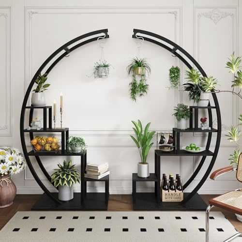 Lot de 2 142Cm Grande Étagère à Plantes en métal,Support pour Plantes Demi-Lune Usage intérieur/extérieur, Etagère de Présentation plantes à 5 Niveaux & 4 Crochets pour jardin,balcon,parlor