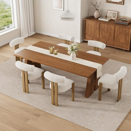 GarveeMore 6Er Set Bouclé Esszimmerstühle, Gepolsterte Küchen- Und Esszimmerstühle Mit Weichem Teddy-Stoffbezug, Holzbeine, Armlose Polsterstühle Für Esszimmer & Wohnzimmer