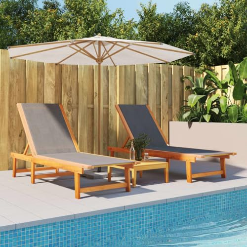 Owoxanthellate Sonnenliege 2er Set 200 x 66 cm Akazie & Textilene Schwarz Verstellbare Gartenliege für Pool, Terrasse und Balkon