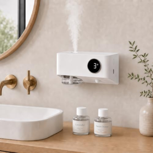 Difusor Aceites Esenciales con Sensor de Movimiento, Luz Nocturna y Temporizador, Sobremesa o Montaje en Pared, Difusor de Aromas Sin Depósito de Agua, 80ml Lavanda & Naranja para Baño Dormitorio