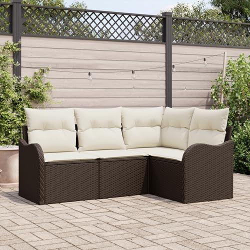 RMIHSJG 4-TLG. Garten-Sofagarnitur mit Kissen Braun Poly Rattan Eck Sofa Set Outdoor Modulares Design Wetterbeständig