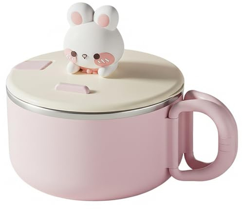 Ramen Noodle Cooker|Ramen Bowl with Lid 1200ml/42oz Large Rabbit Cute Bowl with Handle & Phone Holder Stainless Steel Liner for Soup and Noodles