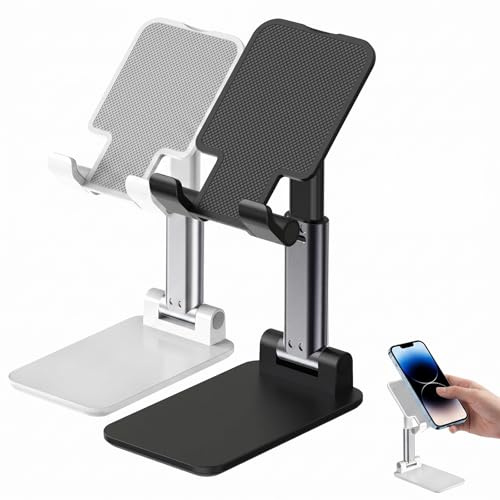 [Pack de 2] Soporte Móvil Mesa, Soporte Teléfono Escritorio Ajustable en Altura y Ángulo, Soporte Móvil Plegable de Metal con Almohadilla de Esponja para, Blanco y Negro