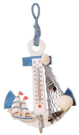 Gancio a Parete Ancora Termometro in Legno Decorazione | Stile Mare e Nautico, Conchiglie e Rete, Sfondo Fotografico, per Esterni e Camera da Letto Stile Casuale