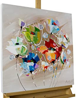 KunstLoft Tableau peinture moderne | 100% PEINT À LA MAIN | 60x60cm | Peinture sur toile 'Rébellion de couleurs' | Fleurs | Multicolore | Deco murale salon