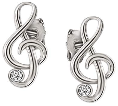 CLEVER SCHMUCK Silberne Damen Ohrstecker Mini Notenschlüssel 9 x 5 mm elegant mit Zirkonia weiß glänzend 925 Sterling Silber im Schmucketui