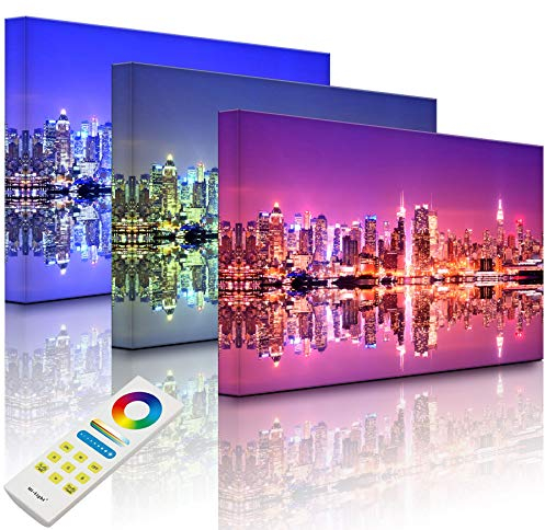 Lightbox-Multicolor | Bild mit LED Hintergrundbeleuchtung | Manhattan Skyline Spiegelung | 100x70 cm | Fully Lighted
