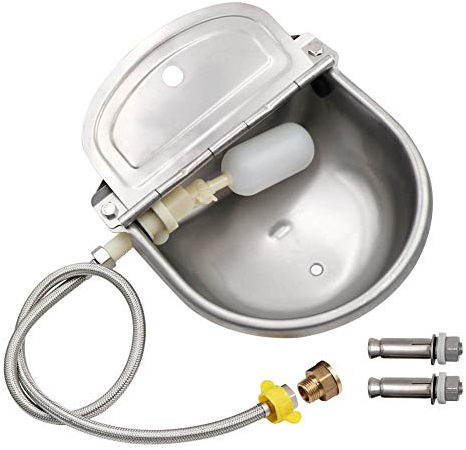 MUALROUS Stainless Steel Automatic Waterer Cattle Water Bowls with Drain Plug, Connector, Braided Hose, Mounting Screws for Sheep Goat Horse Dog Water Bowl Trough
