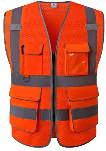 UNINOVA Sicherheitsweste mit hoher Sichtbarkeit, mehrere Taschen, reflektierendes Netzgewebe, atmungsaktiv, Arbeitskleidung, ANSI/ISEA-Standards (M, orangefarbenes Netz)