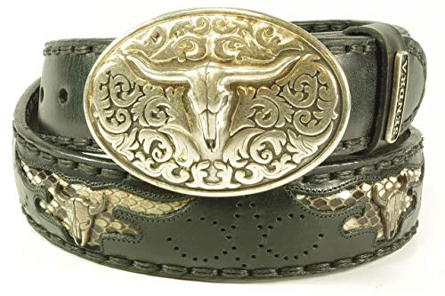 Sendra Boots Gürtel 8322 Schwarz Damen Herren Buckle Belt Handgemachte Cowboy Western Gipsy Ibiza 4 cm Breite Jeans Hosengürtel Austauschbare Schnalle Longhorn Kopf Echtes Leder Größe 105